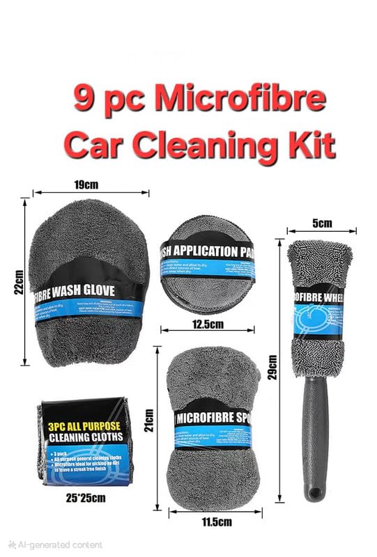 Image of 9 Pcs Microfiber Car Cleaning Kit Complete Car Wash Set with Towels, Polishing Pads, Wash Glove, Sponge & Wheel Brush | Microfiber Car Cleaning Detailing