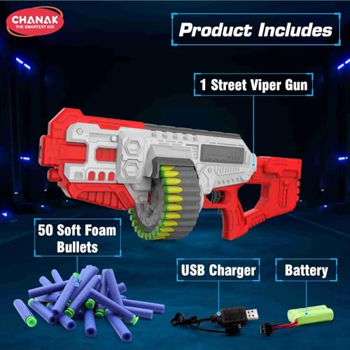 Image of Aditi Toys Street Viper Big Blaster Motorized Dart Gun Toy Includes 50 Soft Foam Bullet Darts, 60-Foot Firing Range, Rechargeable Electric Battery Design for Boys Girls, Above 5+ Age(Red-Grey)