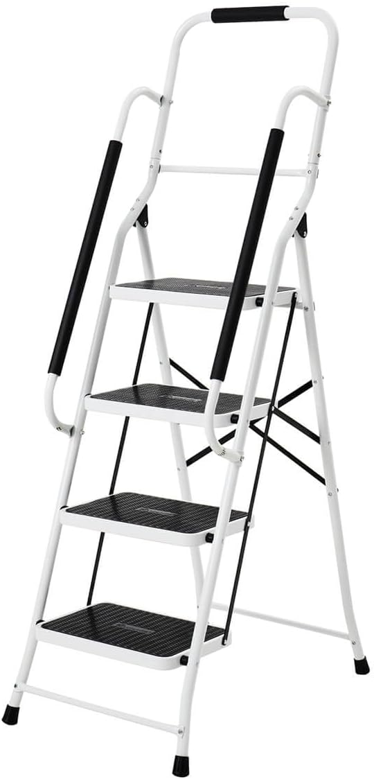 LivingSURE Folding 4-Step Safety Ladder - Heavy Duty Steel, Anti-Slip Treads, Padded Handrails - Space Saving Design - Perfect for Home, Kitchen, Office - 32 x 21 x 66 inches
