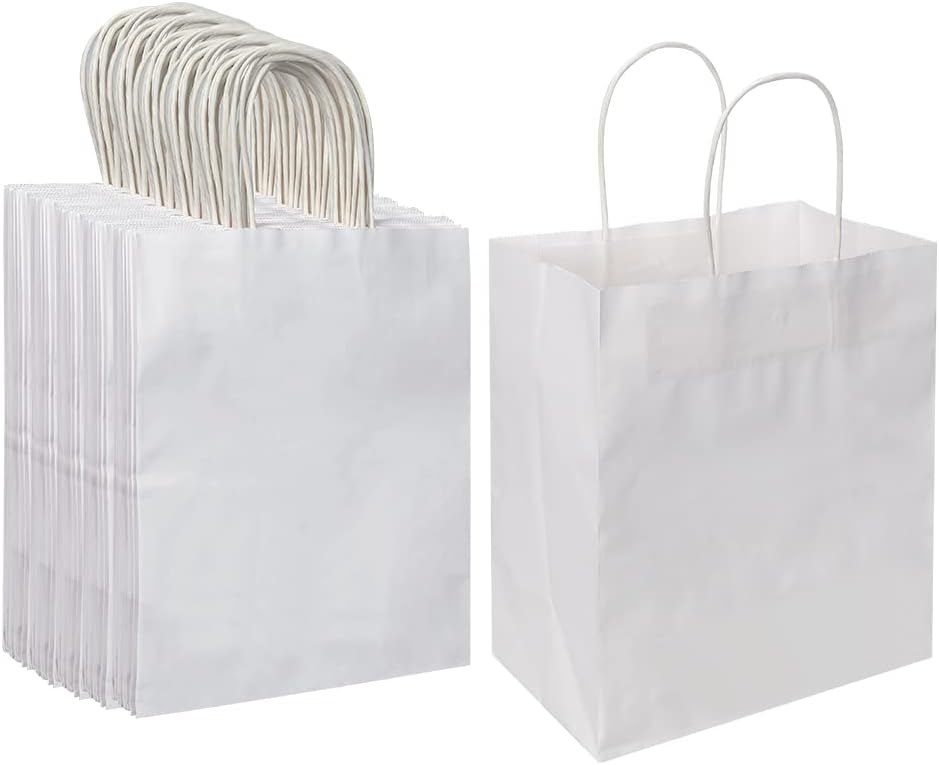 Oikss 100 Pack 8×4.75×10 Inch Medium White Kraft Paper Bags with Handles Bulk for Birthday Wedding Party Favors Grocery Retail Shopping Business Takeout Goody Craft Gift Bags Sacks, (100pcs Count)
