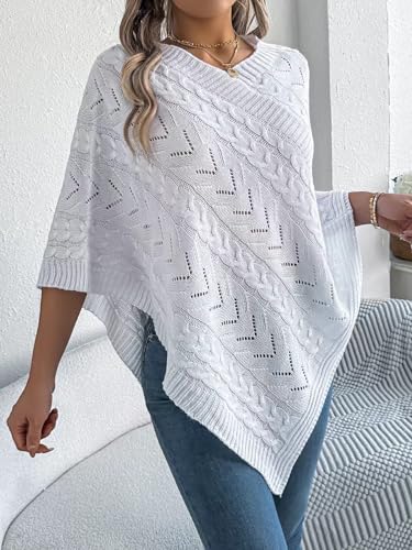 Womens Knitted Sweater Cape Shawls Casual V-Neck Wrap Pullover Tops 3/4 Sleeve Asymmetric Hem Poncho Sweater2
