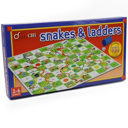 DIVCHI Snakes & Ladders Game for Kids & Adults - Traditional Board Games With Colourful Playing Pieces - For 2-6 Players - Age Years 3+