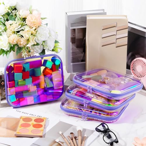 Image of Hoolerry 4 Pcs Hard Clear Zipper Case Makeup Bags Plastic Zipper Pouch Transparent Storage Box Containers for Cosmetics, Snacks, Building Blocks, Puzzles(Clear,9.8 x 7.9 x 2 in,Purple Laser)