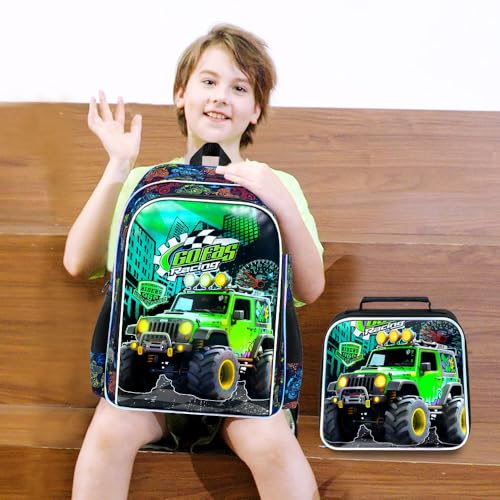 Image of AGSDON 3PCS Truck Backpack for Boys, 16 inch Little Kids Preschool Bookbag, Elementary Backpacks and Lunch Box - Green