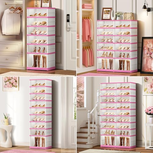 Image of CIMLORD 9-Tier Foldable Shoe Rack Organizer with Doors, 18 Pairs,White-Pink | Collapsible Slim Shoe Rack for 18 Pairs, Lidded Boxes, Stackable, Clear Door, Easy Assembly, for Closet