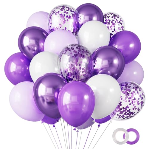 Image of RUBFAC Purple Balloons, Lavender Purple Metallic and Confetti Party Balloons 65pcs 12 Inch for Mother's Day, Baby Shower, Girls Birthday, Wedding, Anniversary Party Decorations