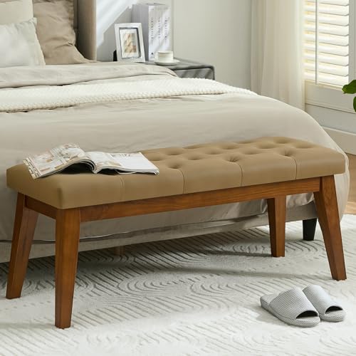 Image of 43.5'' Faux Leather Bedroom Bench, Upholstered End of Bed Bench with Tufted Button, Padded Vintage Dining Bench, Entryway Bench with Solid Wood Legs, Kitchen, Living Room, Hallway, Light Brown Tufted
