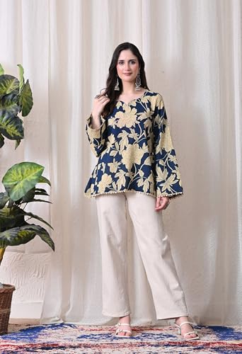 Image of MEERA FAB Women's Summer Floral Printed Cotton Short Kurta Bell Sleeves | Floral Printed Kurta | Short Kurti for Women