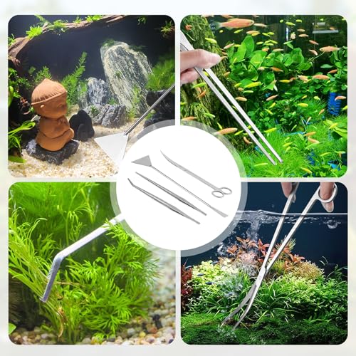 UCFBWO 4 Stück Aquarium Aquascaping Tools, 4-in-1-Aquarium Schere Spatel Pinzette, Edelstahl Wasserpflanzen Aquarium Werkzeug für Fisch Tank Reinigung Pflanze Trimmen