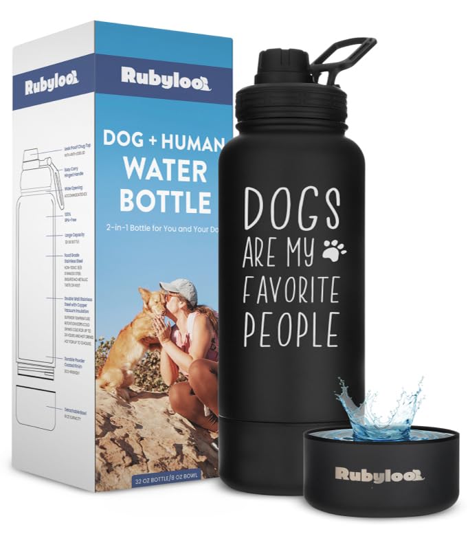 Dog Water Bottle for Dog Lovers - 32 oz Stainless Steel Double Wall Insulated Water Bottle with 8 oz Detachable Bowl on Bottom- Doggy Lover Gift for