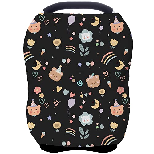 Image of Car Seat Covers for Baby Girls, Cartoon Printing Carseat Canopy Cover for Breastfeeding (Black Bear)