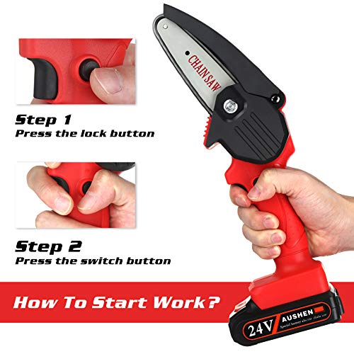 Mini Chainsaw, AUSHEN 4-Inch Cordless Battery Operated Chainsaw Portable Chain Saw, One-Hand Operation Pruning Shears Chainsaw for Tree Branch Trimming Wood Cutting Gardening (2 Batteries and 2 Chain)