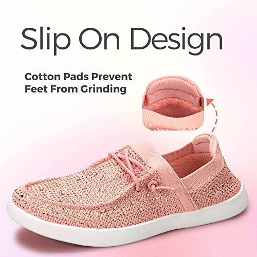 Belos Women's Rhinestone Lace Up Loafers Shoes Comfortable Slip On Mesh Knit Walking Shoes Fashion Lightweight Sparkly Glitter Sneaker(Pink,8 #TOP3