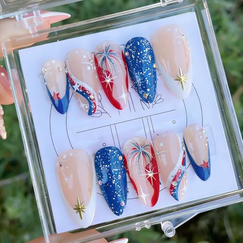 24Pcs 4th of July Press on Nails Medium Almond Fake Nails Blue White French Tip False Nails with Fireworks Design Gold Gems Stick on Nails Independence Day Full Cover Artificial Glue on Nail for Women
