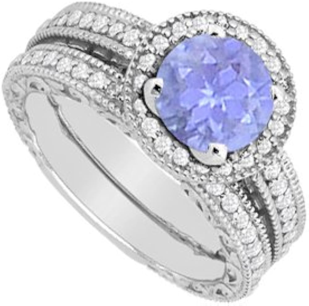 Unique design tanzanite wedding ring set in 14k white gold Tanzanite Engagement Ring with Milgrain Diamond Wedding Band Sets 1.30