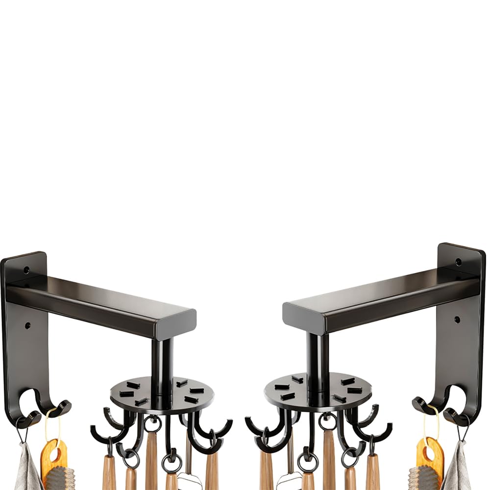 Xyagyund Black Hanging Pot Rack, 2 Pack Kitchen Utensil Hooks, 360° Rotatable Rack Hangers Aluminum Wall Mounted With 8 For Cabinet Bathroom(Black)