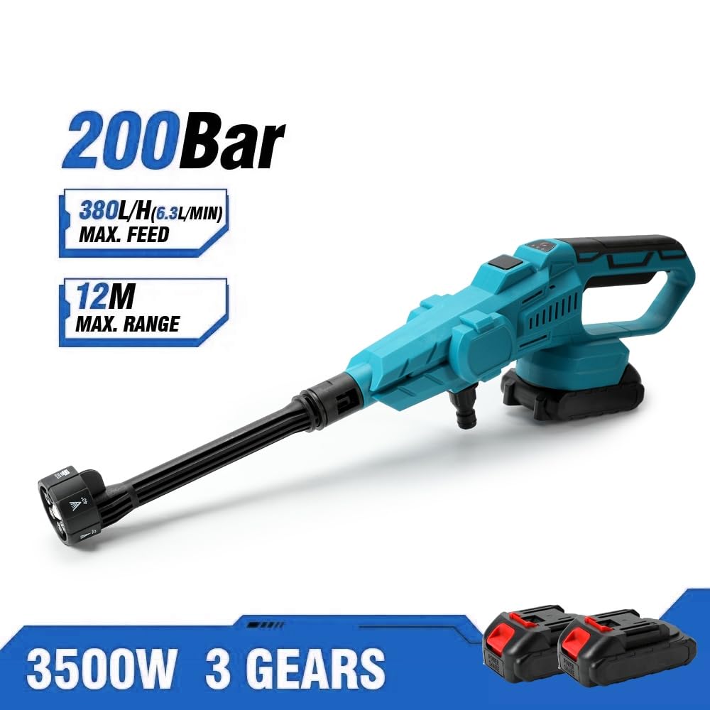 Pistola de agua de alta presión con batería, motor sin escobillas, boquilla multifunción 6 en 1, boquilla giratoria de 180°, manguera de 380 L/H, 5 m, para coches, terrazas, ventanas (2 baterías)