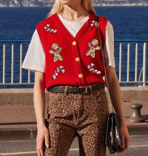 Image of Women Christmas Knit Vest Top Santa Embroidery Sleeveless Button Down Sweater Vest Xmas Snowman Cardigans Tank Top