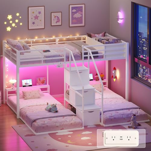 ADORNEVE Triple Bunk Bed Twin Over Twin with Storage Staircase, RGB Lights & Power Outlets, Heavy...