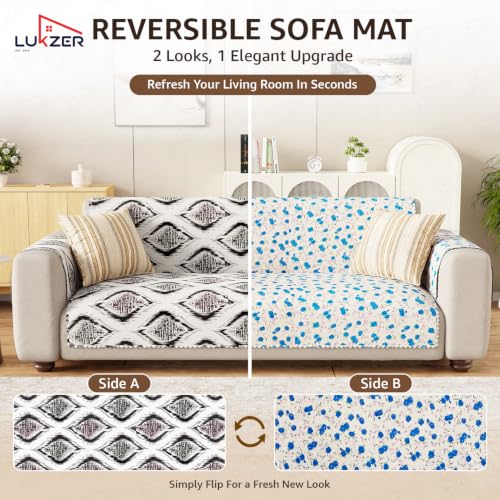 Image of Lukzer 3 Seater Sofa Cover Quilted Reversible WaveEdge Ultrasonic Cut Sofa Mat with Back and Hand Rest Covers - Ikat Rose - Washable Sofa Protector for Modern Living Room 180 x 150 CM /SC-203-03WB