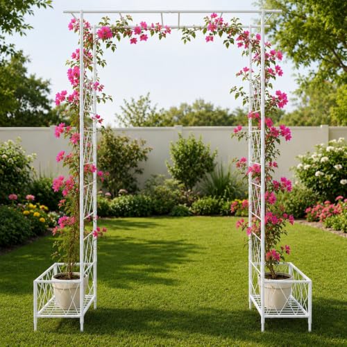 Image of ecofynd 8 Feet High x 5 Feet Wide Graden Arch Plant Stand, Metal Arbor Trellis for Climbing Plants, Backdrop Stand for Outdoor Indoor Wedding Lawn Backyard Party Decoration Items, Patio (GARCH002-WHT)