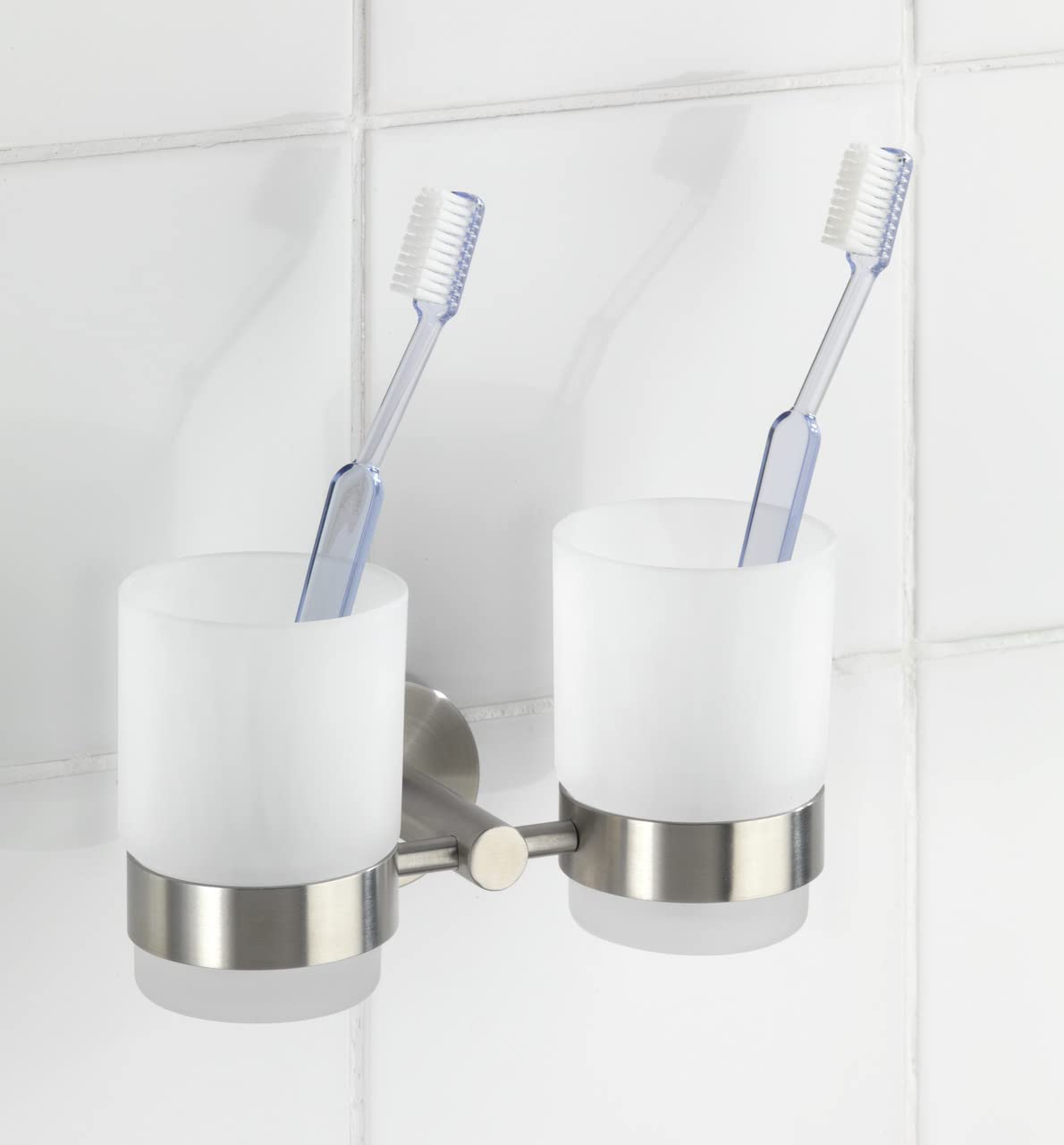 WENKO 19638100 Bicchiere portaspazzolini con supporto Duo Bosio satinato, Acciaio inossidabile, 17.5 x 9.5 x 9 cm, Opaco