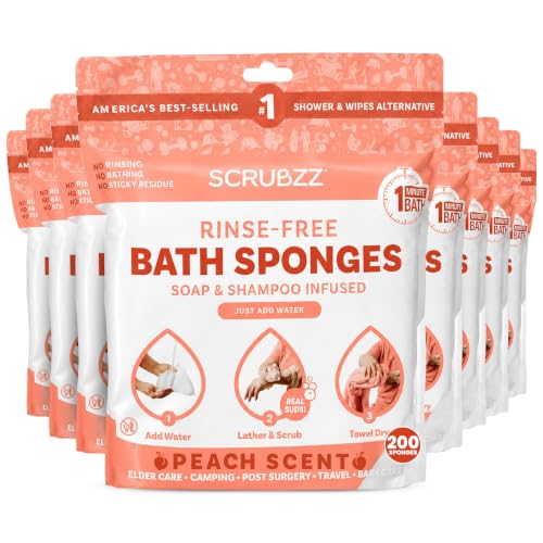Scrubzz Disposable No Rinse Bathing Wipes - All-in-1 Single Use Shower Wipes, Simply Dampen, Lather, and Dry Without Shampoo or Rinsing (Peach, 8-Pack)