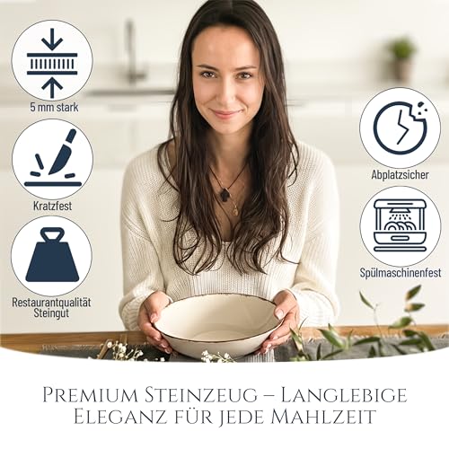 Steingut Suppenteller 6 Personen Rustic TESTSIEGER, Hochwertiges Landhaussttil Steingut Tiefe Teller Set, Pasta Teller Tief Groß - Pure Living in Beige