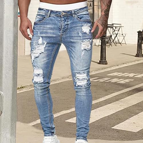 Men's Distressed Jeans Classic Fit Ripped Skinny Jeans Stretch Destroyed Ripped Tapered Leg Denim Pants with Pockets3