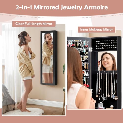 HAPPYGRILL Wall Mounted Jewelry Cabinet with Full Length Mirror, Over The Door Jewelry Organizer w/Built-in Makeup Mirror, Storage Shelves, Door Mounted Jewelry Armoire for Women, Girls (Black)