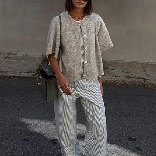 Image of Women Y2k Knitted Crop Cardigan Shirt Short Sleeve Button Down Ribbed Knit Crop Top Outwear Top Tee Shirt