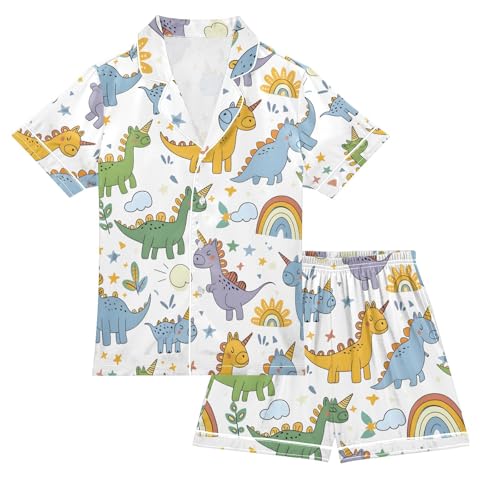 ALAZA Unicorn Dinosaur Print Pajamas Satin Pajama Set Short Sleeve Button Down Sleepwear