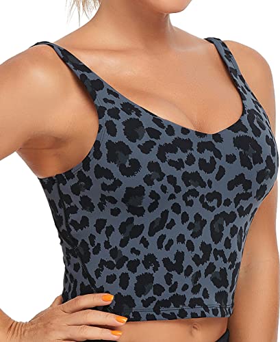 Image of Oalka Sports Bra Womens Longline Padded Crop Yoga Tank Tops | Built in Bras, Workout, Athletic, Fitness, Super Soft, Comfort, Cropped Top, Removable Pads, Heart Neckline For Women
