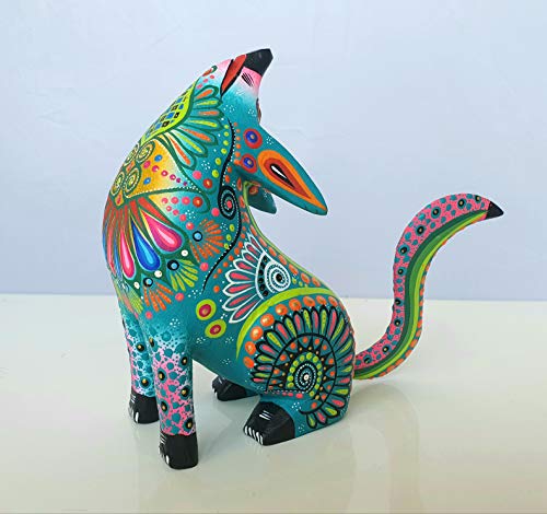 Mexican Alebrije Howling Coyote Wood Carving Handcrafted Sculpture (Turquoise) #TOP1