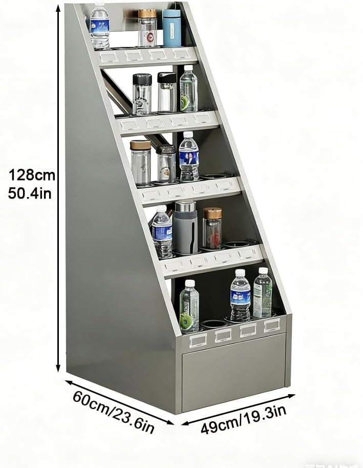 5 Tier Slanted Metal Water bottle Display Rack, Retail Merchandising Shelf Organizer for Bottles, Drinks, Cups, Countertop Beverage Display Stand for Stores