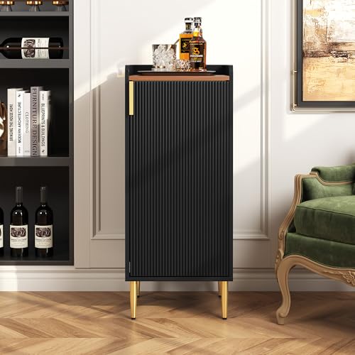 Image of ARTPOWER Mini Bar Cabinet for Apartment, Fluted Wine Bar Cart with Wine Racks & Wine Glass Holder, Modern Corner Liquor Cabinet for Living Room, Dining Room, Kitchen(Black)