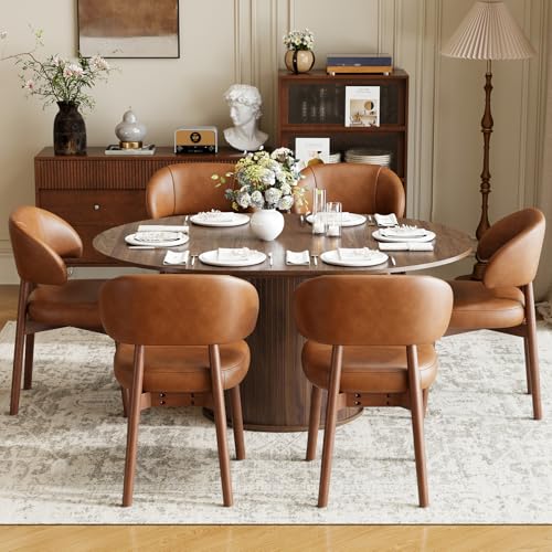Image of MALOL 47 inch-63 inch Extendable Round to Oval Dining Room Table Chairs Set for 4-8, Modern Wooden Kitchen Table and Chairs with Hidden Storage and Fluted Design for Dining Room /Small Space(Walnut and Brown)