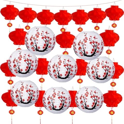 Ragnhild 28 Pcs Chinese Japanese Paper Lantern Decoration Set, Red and White Chinese Lunar New Year Decorations 2025, Cherry Blossom Decorative Hanging Lanterns for Chinese Spring Festival New Year Cover