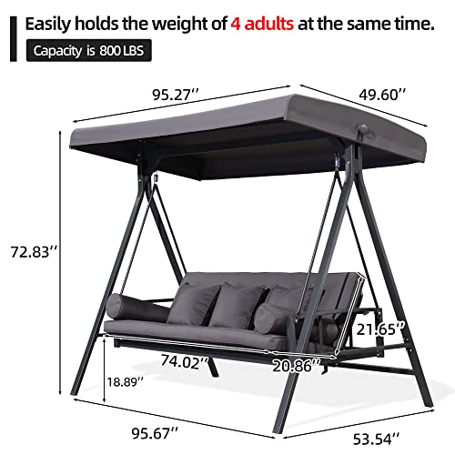Purple Leaf Outdoor Patio Porch Swing Adjustable Backrest, 3-Seat Swing Chair With Weather Resistant Steel Frame For Backyard Front Porch Lawn, Cushion And Pillows Included, Grey #TOP5