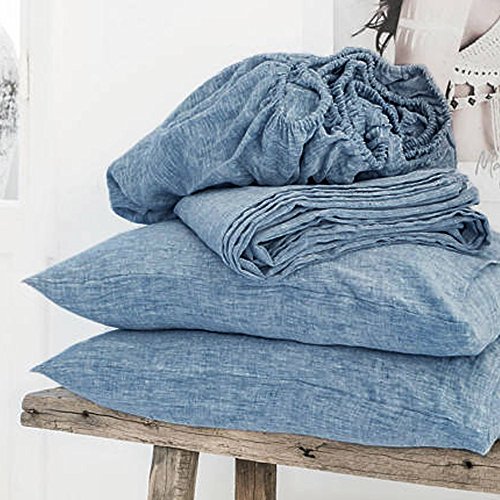 Lausonhouse Linen Sheet Set,Luxurious 100% Pure French Linen Sheet Set, Deep Pocket,4 Pieces Bedding Set - King Chambray Blue