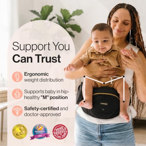 Image of Tushbaby Original Hip Seat Baby Carrier for Babies & Toddlers up to 45 lbs, Safety Certified, Lightweight No-Foam Design with Storage, Black & Gold