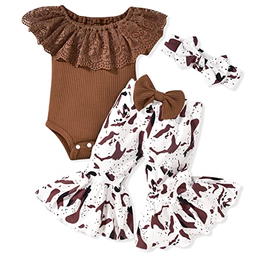 HINTINA Newborn Baby Girl Summer Outfits Cow Print Cowgirl Bell Bottoms Flared Pants Bodysuit Western Clothes Set Nb