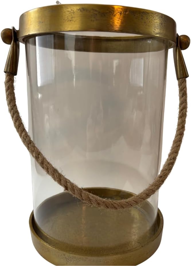 Large Nautical Glass Hurricane Candle Holder with Rope Handle, Burnished Gold Metal Trim, Cylindrical Design