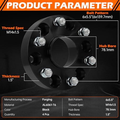 GAHA 6x139.7mm Wheel Spacers 6 Lug 1.5 inch Compatible for Chevrolet K1500 Suburban Tahoe Silverado Express Avalanche 1500 for Cadillac Escalade for GMC Yukon Sierra, 78.1mm CB with 14x1.5 Studs, 4PCS by GAHA - Image 2