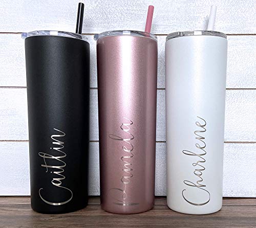Personalized Tumbler - Laser Engraved - 20 oz Stainless Steel Skinny Tumbler - Includes Straw and Lid - Vacuum Insulated - Personalized Gift for Bride, Bridal Party, Birthday, Mother s Day, Teacher