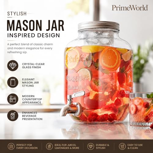 Image of PrimeWorld 1Pc 5 LTR Glass Water Beverage Dispenser - Air Tight Lid Glass Pitcher for Detox Water - Mason Jar - Counter Table Top Juice Water Beer Dispenser for Home & Kitchen Restaurant Party