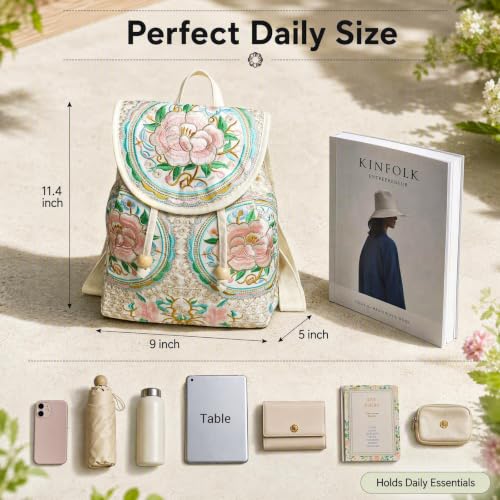 Image of Jursccu Embroidered Backpack Purse for Women Small Canvas Vintage Daypack