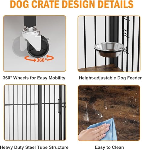 Garvee Dog Crate Furniture with Adjustable Height Feeder, Heavy Duty Dog House for Medium Dogs with 360°Wheels for Easy Mobility, Decorative End Table Design by Garvee - Image 3