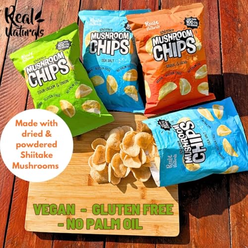 Shiitake Mushroom Chips - (6 pack) Vegan prawn crackers, Less than 100 calories, Gluten Free mushroom snack. Sea Salt flavour.