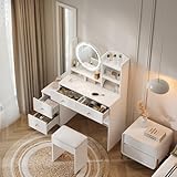 Goldicoo Tocador 4 en 1 con espejo de cuerpo entero, iluminación LED en 3 colores, espejo de tocador giratorio, taburete blanco, tablero de partículas, 109 x 36 x 164 cm